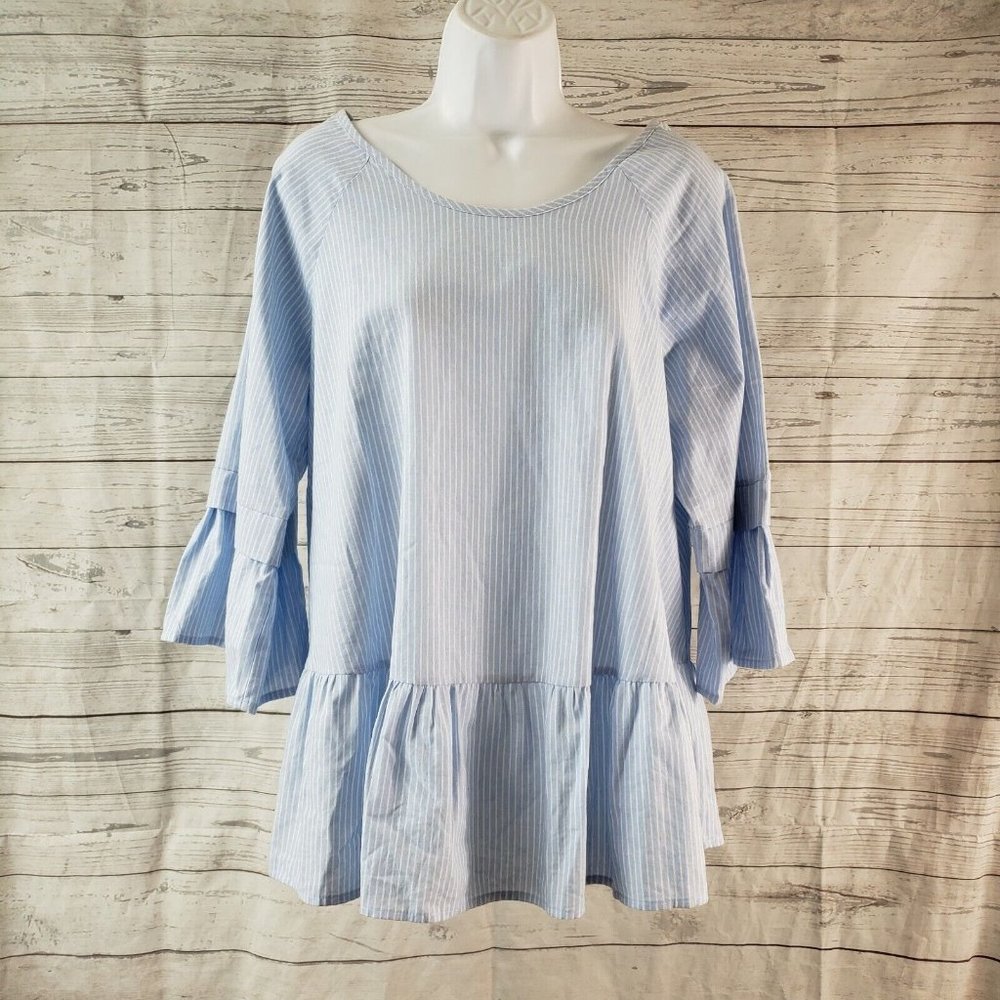 Pleione Womens Ruffle Hem Top Sz Medium Blue White Striped 3/4 Sleeve Cotton - Picture 1 of 6